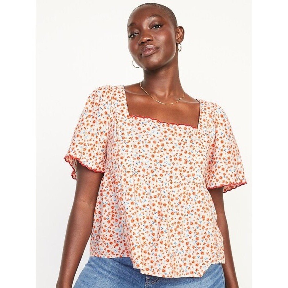 Old Navy Linen Blend Peplum Top Blouse Ditsy Floral Size 3X White Red